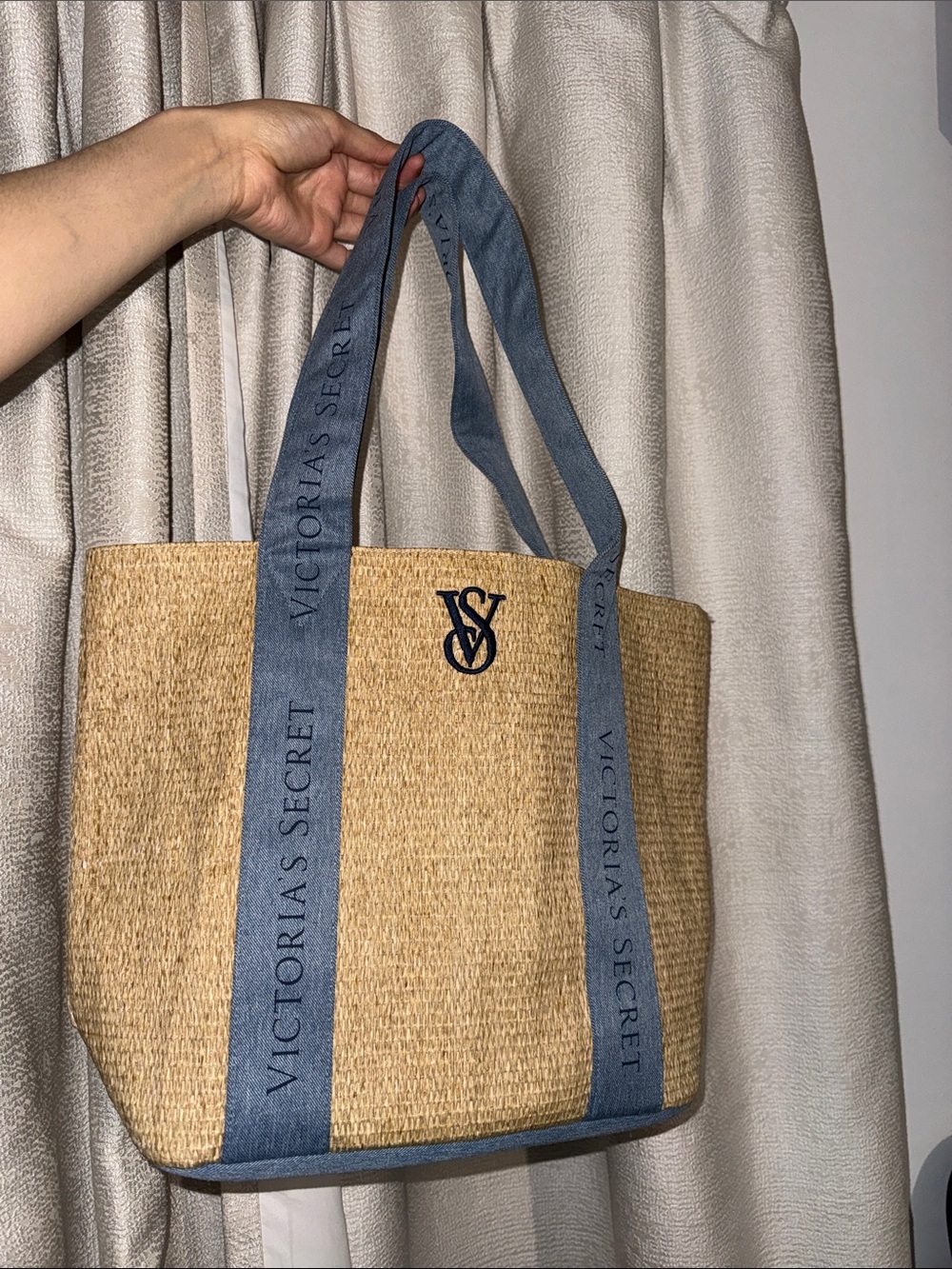 Victoria's Secret Natural Straw Tote with Denim-Blue Straps NWT